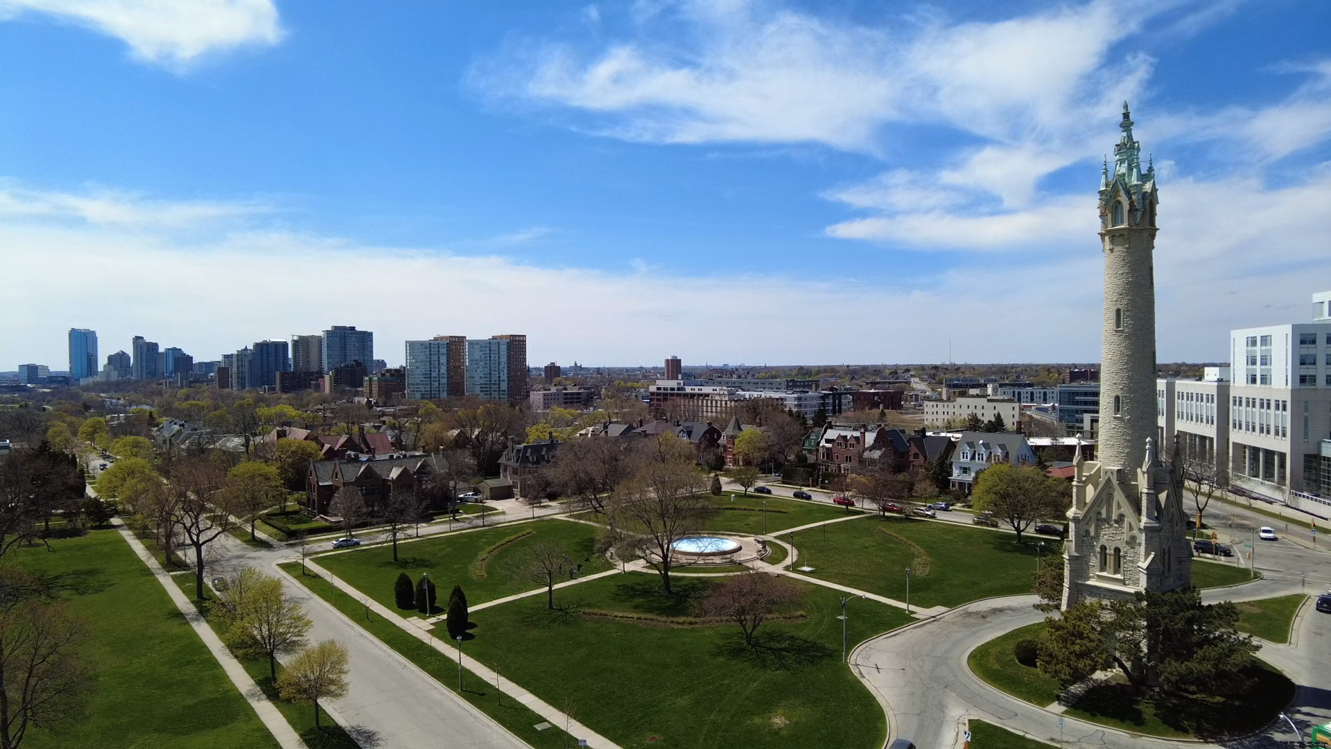 The old Milwaukee water tower and view south, Milwaukee, WI. Video Still.